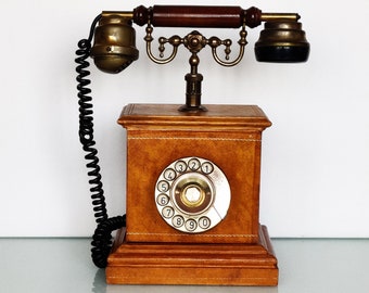 Vintage Desk Phone, Retro style, Table Phone,  Leather Covered, Rotary Desk Phone