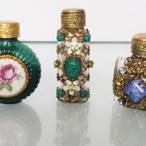 Small Art Deco Collectible Bottles, Perfume Bottles, Metal Frame and Set Synthetic Stones, 1930s