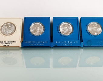 Commemorative Italian Coins, Silver 500 Lire, Giuseppe Garibaldi, Galileo Galilei, Publio Virgilio Marone, UWC Adriatico