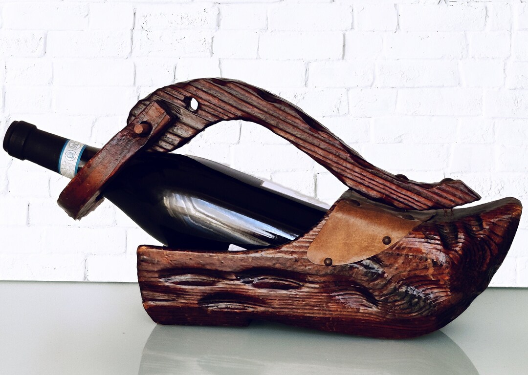 antique bottle rack 「HAND」 Vintage Wooden Bottle Holder, Wooden Bottle Holder Clog Shaped