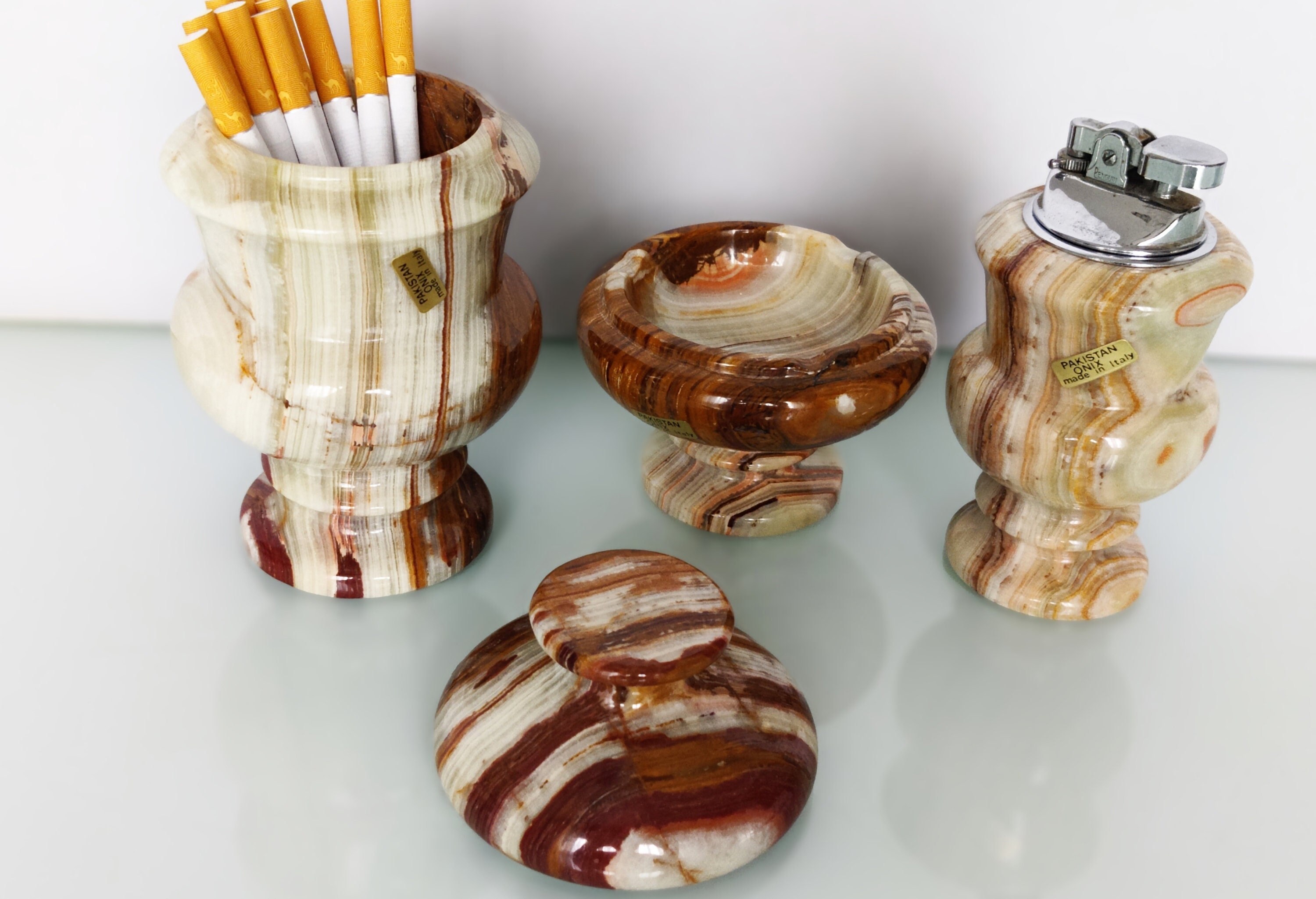 Vintage Pakistan Onyx Smoking Set Three Onyx Components