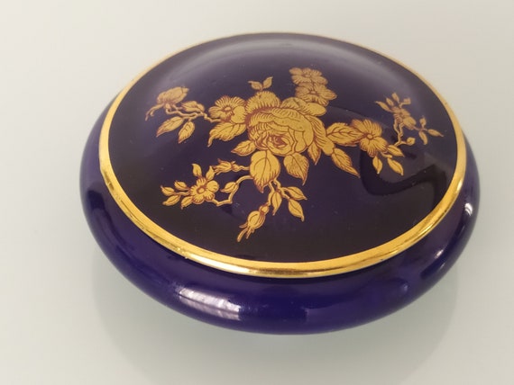 Vintage Limoges Porcelain Trinket Box Cobalt Blue and Pure Gold