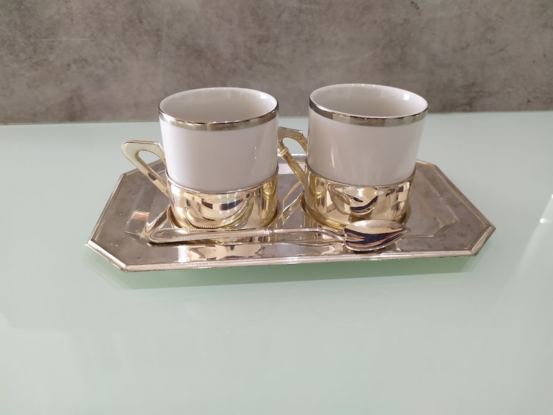 Italian espresso for two Coffee set Two coffee cups with silver plated base Set for two with tray and spoon Vintage coffee set
