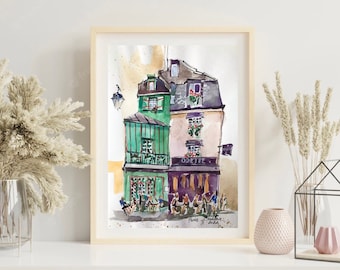 Paris Watercolor Original hand painted painting French cafe drawing French art by AnaMuStudio