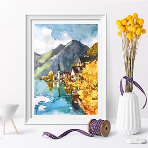 Hallstatt watercolor Austria original painting Salzburg wall art in autumn by AnaMuStudio