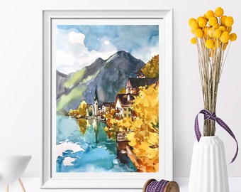 Hallstatt watercolor Austria original painting Salzburg wall art in autumn by AnaMuStudio