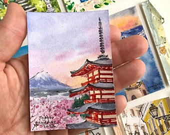 Japan painting ACEO Mount Fuji Original watercolor sketch Miniature artwork by AnaMuStudio