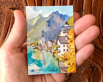 Acuarela original de Austria ACEO de Hallstatt, pintura a mano, Salzburgo en otoño, por AnaMuStudio