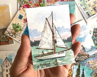 Sailboat painting ACEO Original art watercolor Sea sketch Yacht Miniature artwork by AnaMuStudio