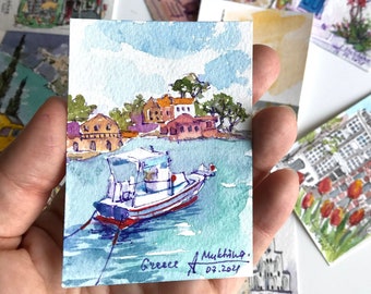 Greece art ACEO small watercolor Boat painting hand painted Miniature artwork by AnaMuStudio
