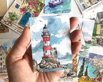 Lighthouse painting ACEO Original watercolor Sea sketch Miniature artwork by AnaMuStudio