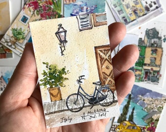 Italy art Bicycle painting ACEO Original watercolor Miniature artwork by AnaMuStudio