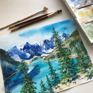 Moraine lake Canadian art Rockies Banff National Park original watercolor painting Wall art by AnaMuStudio