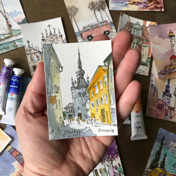 Romania painting watercolor ACEO mini art Original painting Miniature artwork by AnaMuStudio