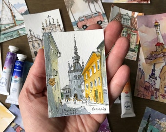 Romania painting watercolor ACEO mini art Original painting Miniature artwork by AnaMuStudio