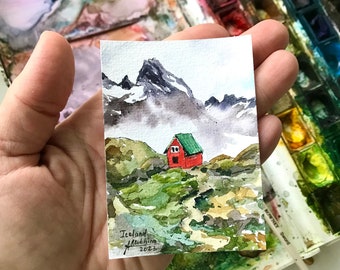 Iceland art original watercolor ACEO painting by AnaMuStudio