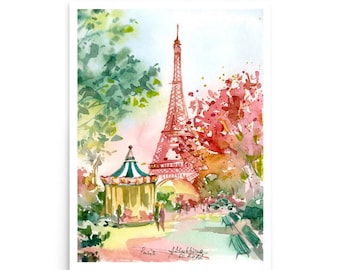 May include: Watercolor painting of the Eiffel Tower in Paris, France. The tower is painted in shades of pink and red, with a green and yellow carousel in the foreground. The painting is signed "Fleurette de Paris" in the bottom right corner.