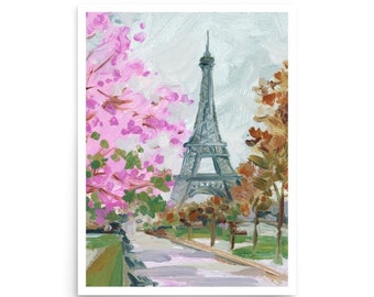 May include: A painting of the Eiffel Tower in Paris, France. The tower is gray and is surrounded by trees. Some of the trees have pink blossoms.