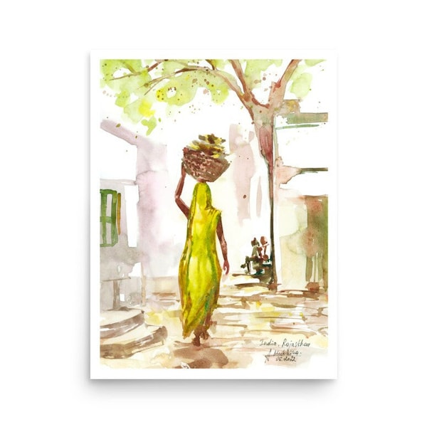 Indian art PRINT woman in yellow saree POSTER Indian village PRINT from original watercolor painting by AnaMuStudio