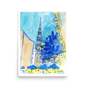 Latvian art POSTER Riga St Peters Church wall art PRINT from original watercolor painting by AnaMuStudio