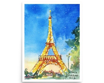 Eiffel Tower at Night Watercolor Art Print - Paris Poster
