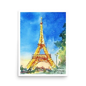 Paris watercolor Poster Eiffel Tower at night art print from original watercolor painting by AnaMuStudio