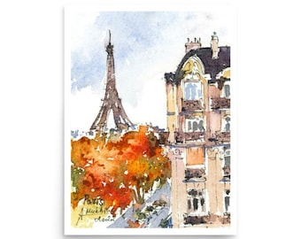 Eiffelturm Aquarell Print: Paris Herbstfarben Kunstposter