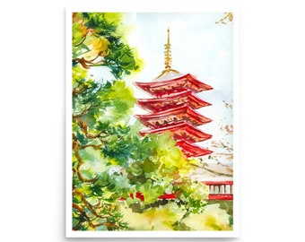 May include: Watercolor painting of a red pagoda with a golden top, surrounded by green trees. The pagoda has multiple tiers and is set against a light blue sky.
