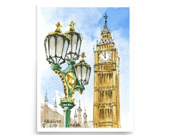 London Poster Big Ben watercolor wall art from original painting by AnaMuStudio