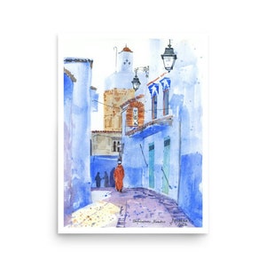 Stampa artistica ad acquerello del Marocco Città blu Chefchaouen Poster dal dipinto originale di AnaMuStudio