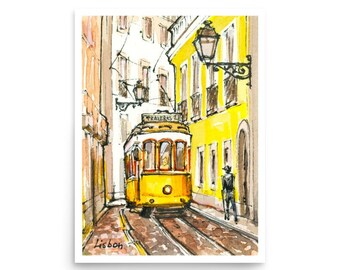 Póster de arte de acuarela de Lisboa, tranvía amarillo, arte mural de Portugal, impresión a partir de una pintura de acuarela original