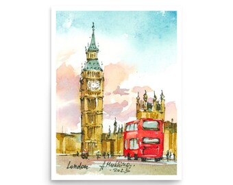London Watercolor Print: England Art, Big Ben & Red Bus