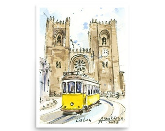 Lisbon Print: Yellow Tram Watercolor Poster, Portugal Art