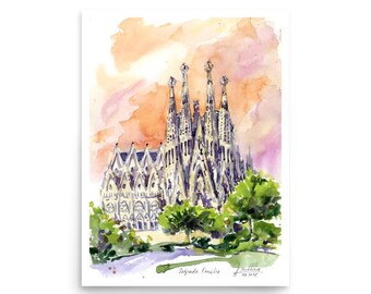 Sagrada familia Poster Barcelona art print from original watercolor painting by AnaMuStudio