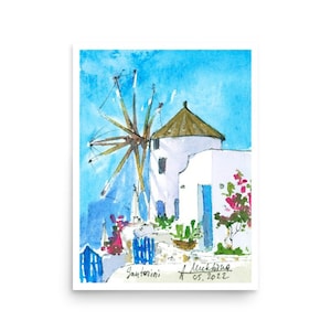 Impression d'art du moulin à vent de Santorin : aquarelle de la Grèce