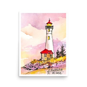 Lighthouse art print Sunset lighthouse Poster from original watercolor painting by AnaMuStudio