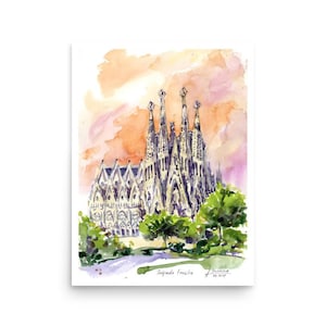 Sagrada familia Poster Barcelona art print from original watercolor painting by AnaMuStudio