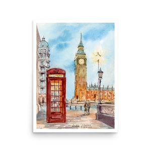 London Poster London Big Ben rode telefoon kunst aan de muur print van originele aquarel van AnaMuStudio