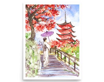 Kyoto Poster Japan travel gift watercolour art print by Anastasia Mukhina