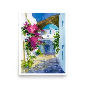 Santorini Poster Greece watercolor art Print from original painting