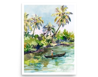 Kerala POSTER South Indian travel art PRINT from original watercolor by AnaMuStudio