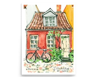 Denmark Poster old house art print from original watercolor by AnaMuStudio