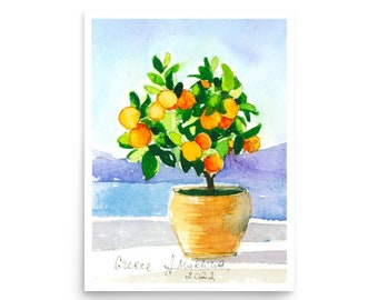 Greece Poster Orange tree watercolor wall art print from original painting by AnaMuStudio