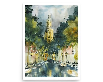 Amsterdam art Print Netherlands at night Poster Holland art from original watercolor by AnaMuStudio