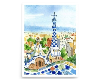 Barcelona Park Güell Art Print: Gaudi Architecture Watercolor Poster