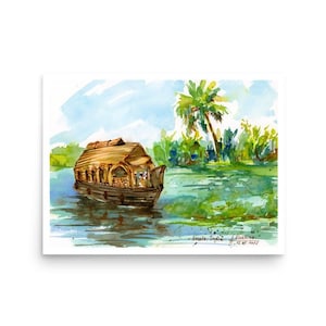 Kerala boat Poster South India wall art Print from original watercolor painting by AnaMuStudio