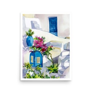 Santorini watercolor Greece art print wall Poster from original painting by AnaMuStudio