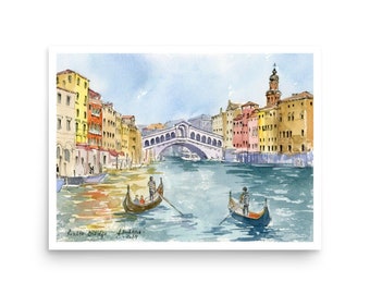 May include: Watercolor painting of a canal in Venice, Italy. The painting depicts the Rialto Bridge with two gondolas in the foreground. The buildings along the canal are painted in shades of yellow, orange, and pink.
