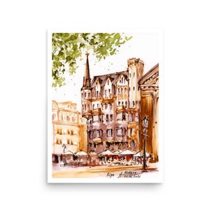 Latvian art PRINT Riga POSTER watercolor Old European city Baltic wall art 8x10 PRINT 5x7