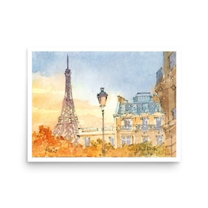 Paris watercolor Poster from original hand painted art by AnaMuStudio Eiffel Tower Paris France